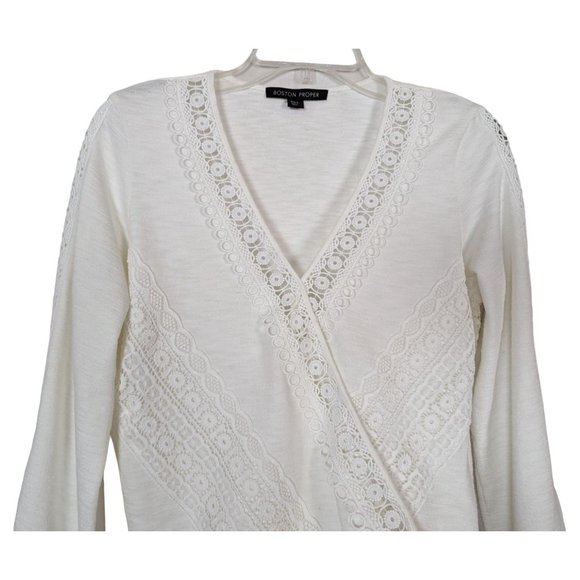 Boston Proper V neck long sleeve faux wrap front white blouse with lace Sz S - Picture 3 of 11